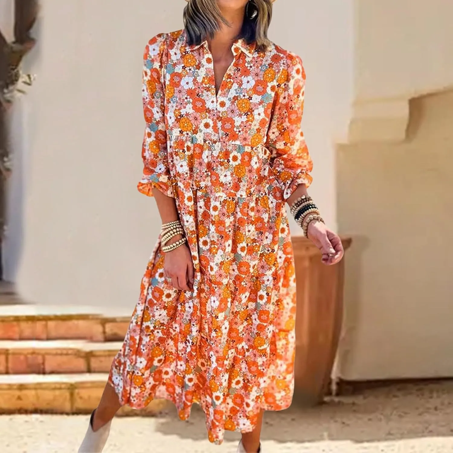 Womens Casual Boho Floral Midi Dresses Puff Sleeve V Neck Ruffle Dresses Summer Loose Dress Tiered Beach Sundress