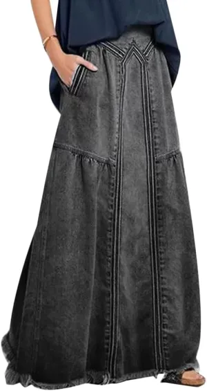 Women's Casual Frayed Hem A Line Long Maxi Jean Skirt Retro Distressed Elastic High Waist Denim Skirt