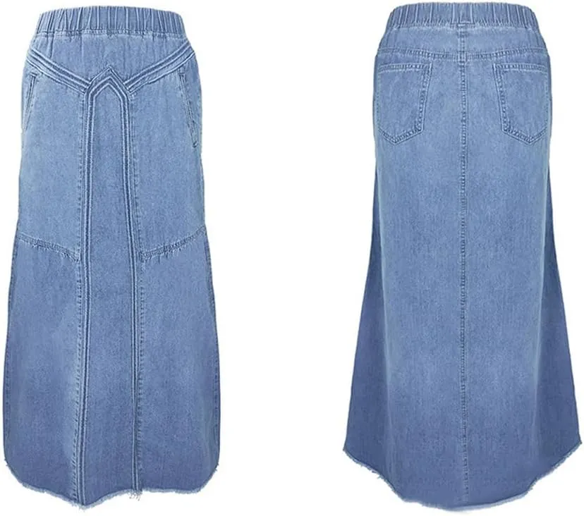 Women's Casual Frayed Hem A Line Long Maxi Jean Skirt Retro Distressed Elastic High Waist Denim Skirt