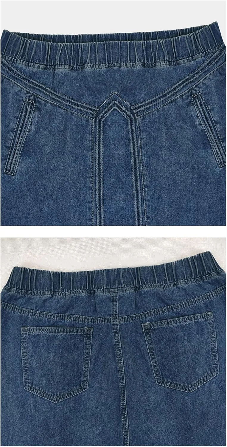 Women's Casual Frayed Hem A Line Long Maxi Jean Skirt Retro Distressed Elastic High Waist Denim Skirt