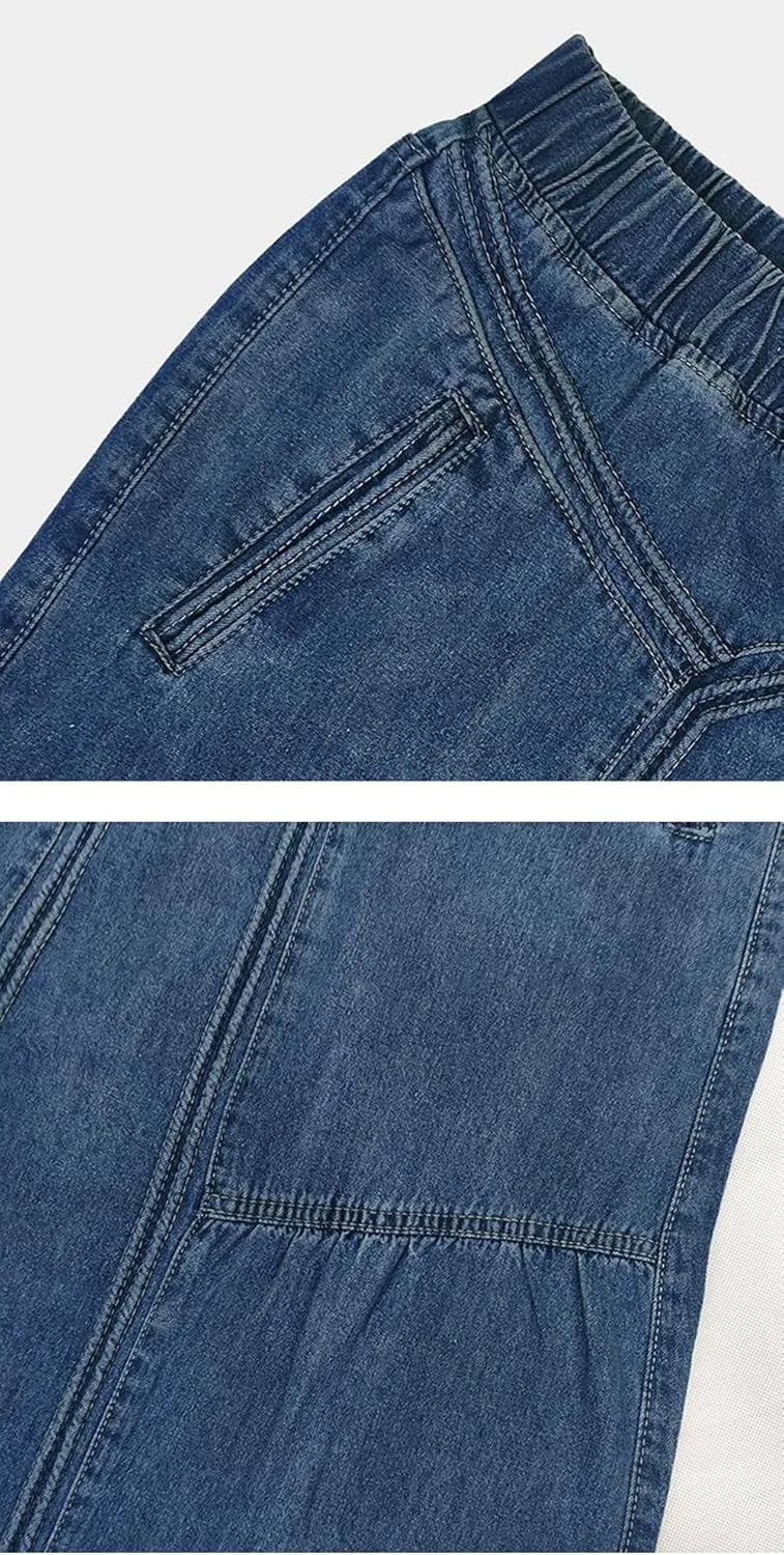 Women's Casual Frayed Hem A Line Long Maxi Jean Skirt Retro Distressed Elastic High Waist Denim Skirt