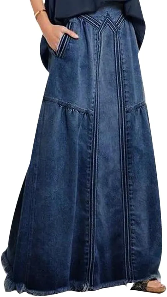 Women's Casual Frayed Hem A Line Long Maxi Jean Skirt Retro Distressed Elastic High Waist Denim Skirt