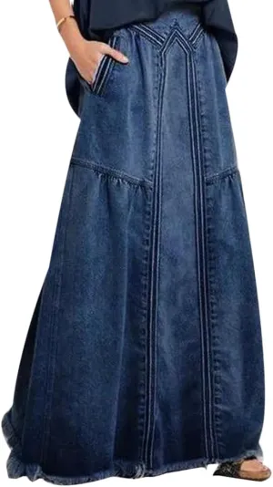 Women's Casual Frayed Hem A Line Long Maxi Jean Skirt Retro Distressed Elastic High Waist Denim Skirt
