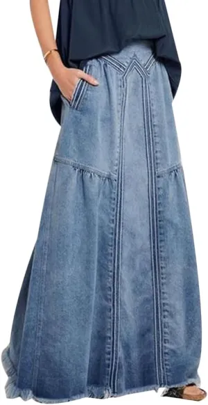 Women's Casual Frayed Hem A Line Long Maxi Jean Skirt Retro Distressed Elastic High Waist Denim Skirt