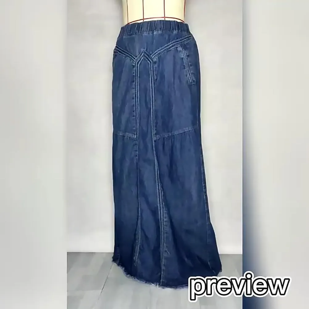 Women's Casual Frayed Hem A Line Long Maxi Jean Skirt Retro Distressed Elastic High Waist Denim Skirt