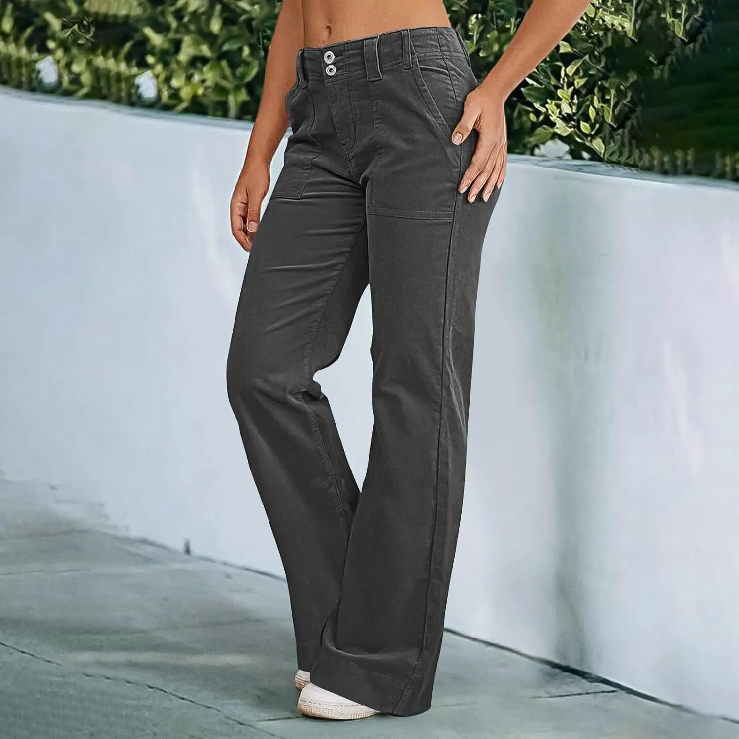 Womens Casual Stretch Twill Pants Classic Straight Fit Chino Pant High Waisted Work Outdoor Flare Pants with Pockets