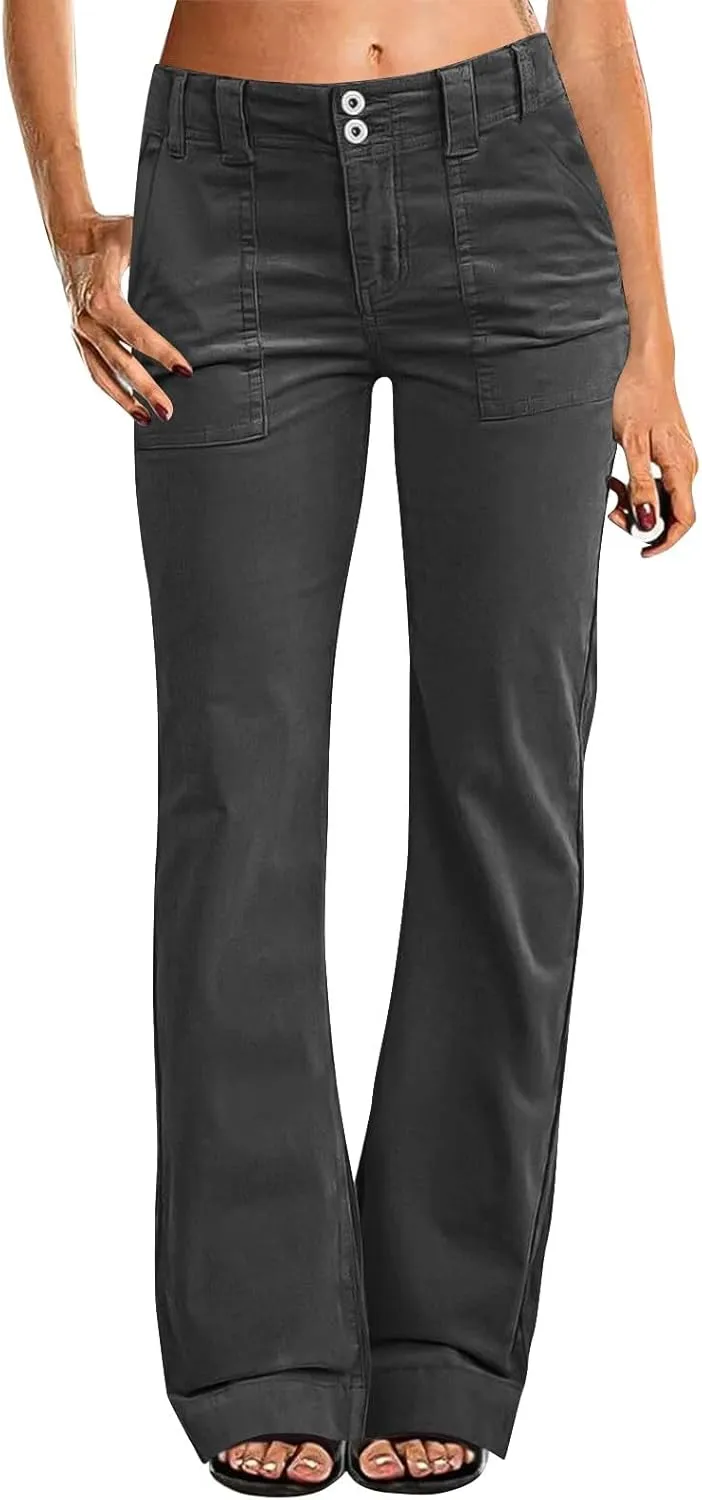 Womens Casual Stretch Twill Pants Classic Straight Fit Chino Pant High Waisted Work Outdoor Flare Pants with Pockets