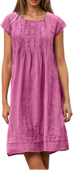 Women's Cotten Linen Summer Shirt Dress Casual Cap Sleeve Crewneck Pleated A Line Swing Beach Midi Sundress