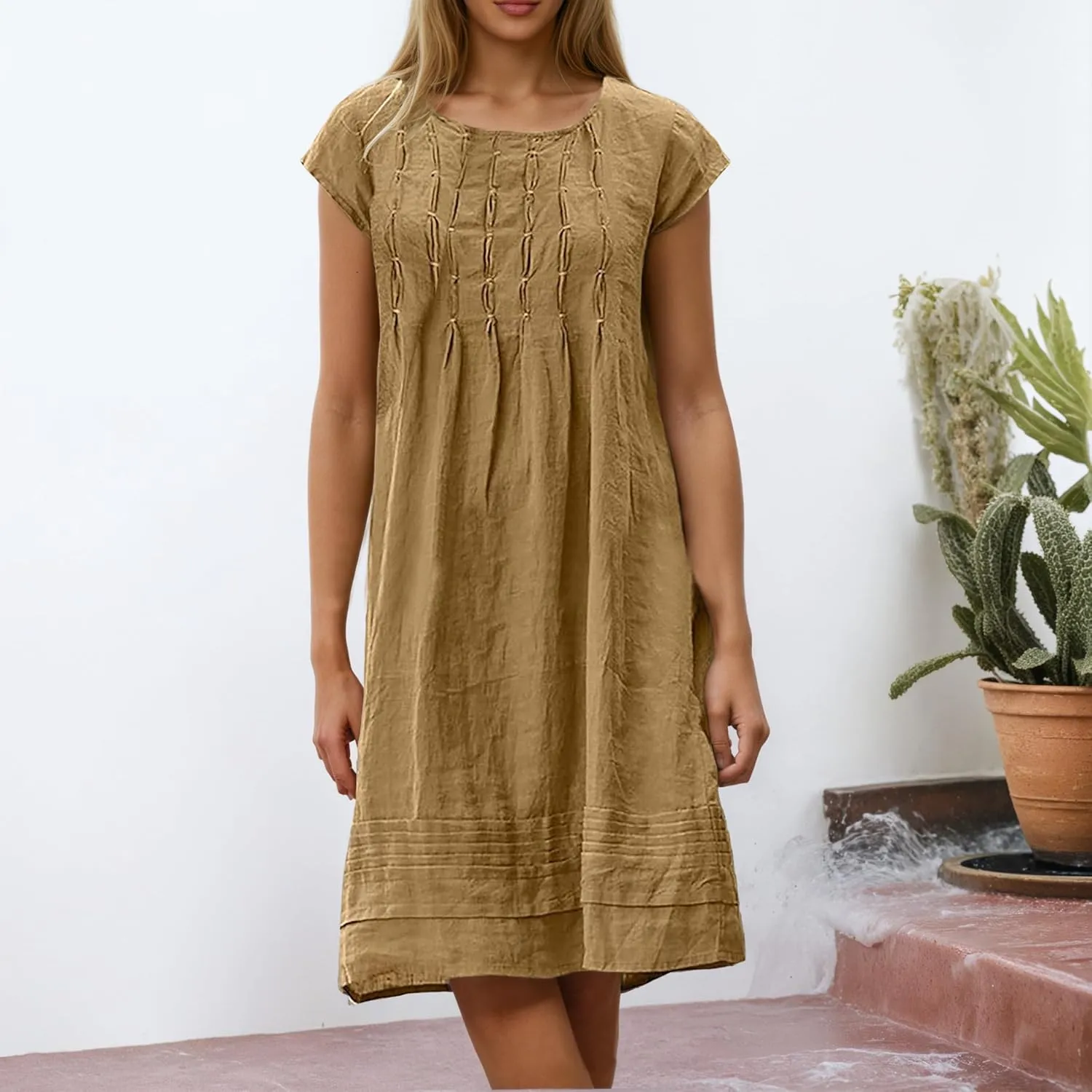 Women's Cotten Linen Summer Shirt Dress Casual Cap Sleeve Crewneck Pleated A Line Swing Beach Midi Sundress
