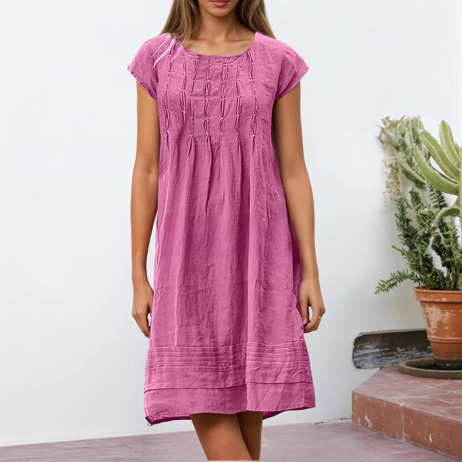 Women's Cotten Linen Summer Shirt Dress Casual Cap Sleeve Crewneck Pleated A Line Swing Beach Midi Sundress