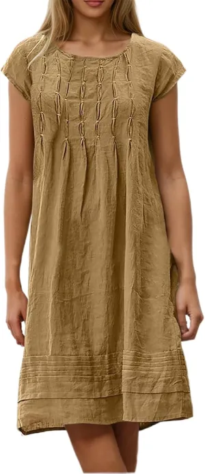 Women's Cotten Linen Summer Shirt Dress Casual Cap Sleeve Crewneck Pleated A Line Swing Beach Midi Sundress