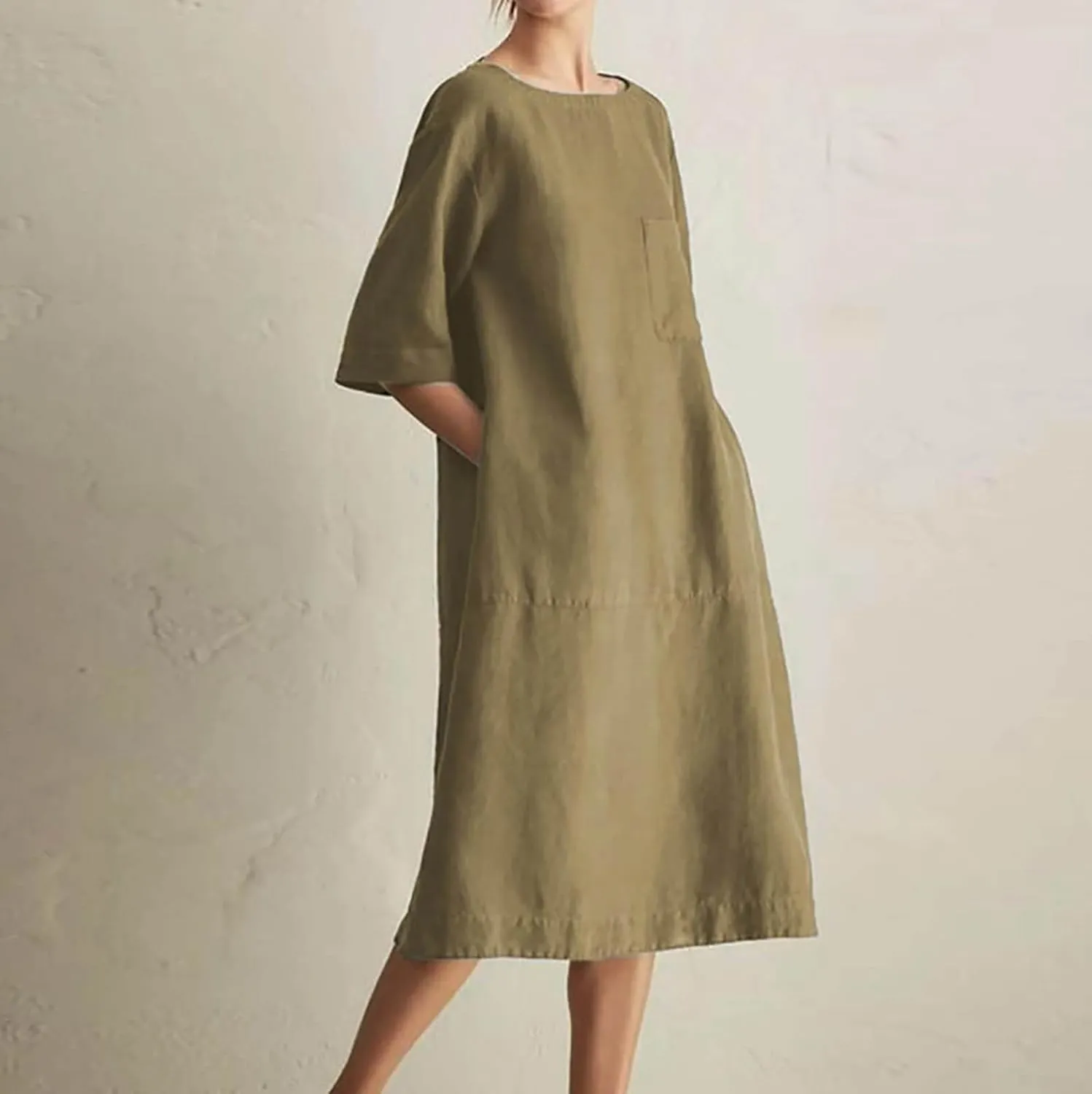 Women's Cotton Linen Dress 3/4 Short Sleeve Loose Casual Plus Size Tunic Dress with Pockets Solid Color Plain Dress