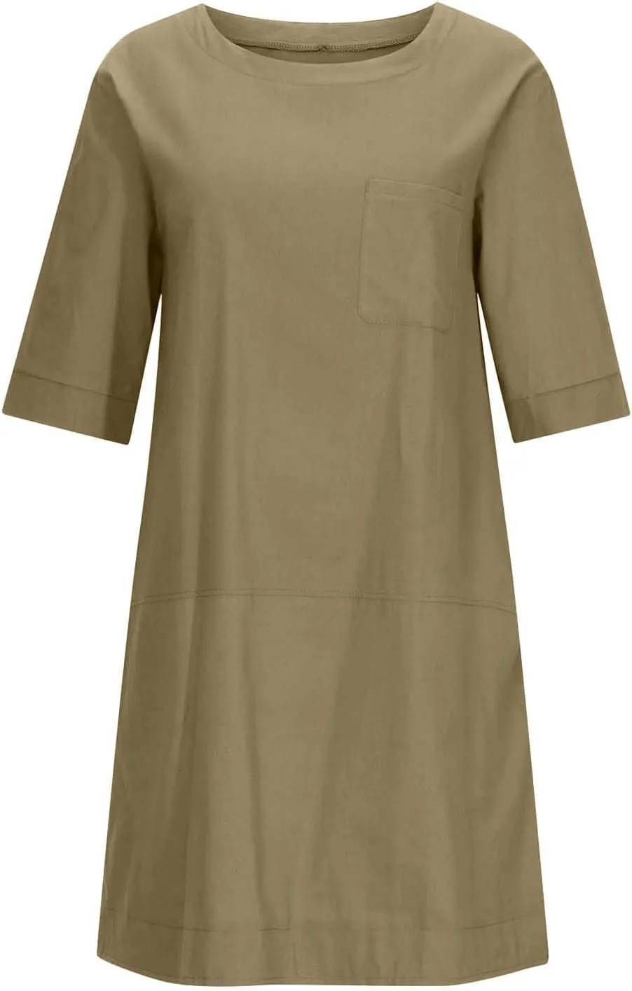 Women's Cotton Linen Dress 3/4 Short Sleeve Loose Casual Plus Size Tunic Dress with Pockets Solid Color Plain Dress