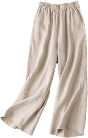 Women's Cotton Linen Wide Leg Pants - Female Summer Full Length Casual Pants, Loose High Waist Straight Trousers
