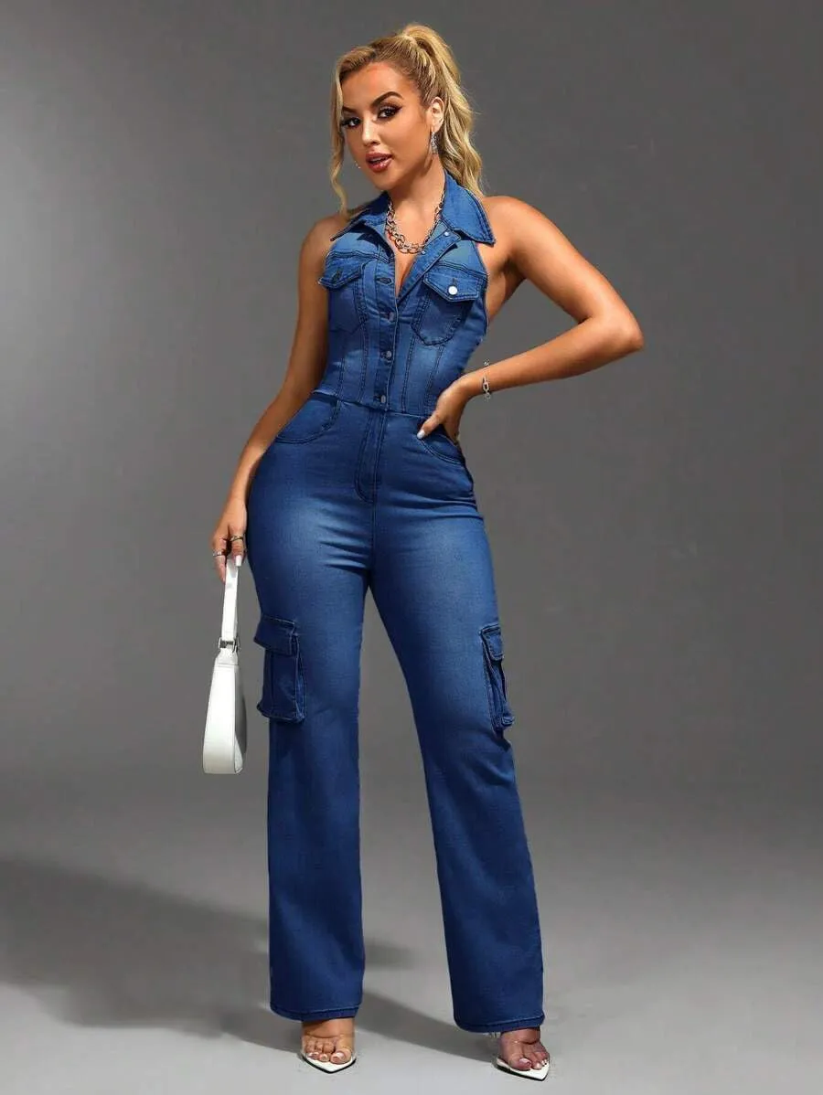Women's Deep V Sleeveless One Piece Denim Set Sexy Slim Backless Breast Pocket High Waist Straight Leg Jeans Jumpsuit