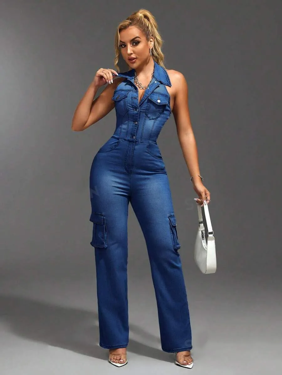 Women's Deep V Sleeveless One Piece Denim Set Sexy Slim Backless Breast Pocket High Waist Straight Leg Jeans Jumpsuit