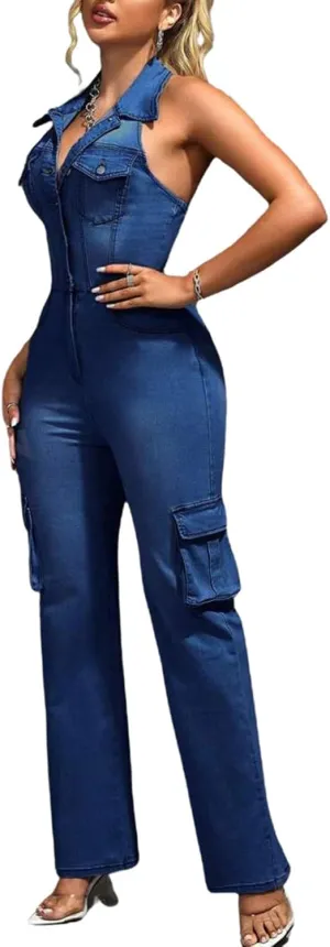 Women's Deep V Sleeveless One Piece Denim Set Sexy Slim Backless Breast Pocket High Waist Straight Leg Jeans Jumpsuit