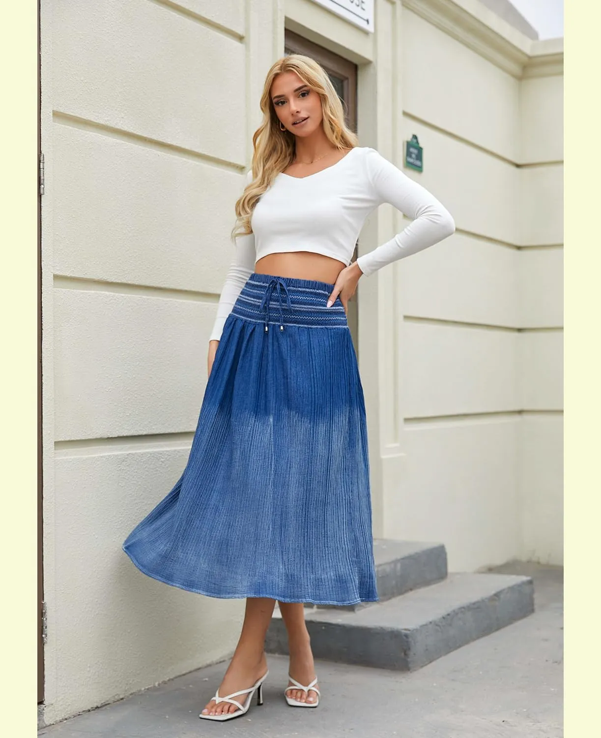 Women's Denim Boho Maxi Skirts Elastic High Waist Ruffle Tied A Line Flowy Long Jeans Skirts