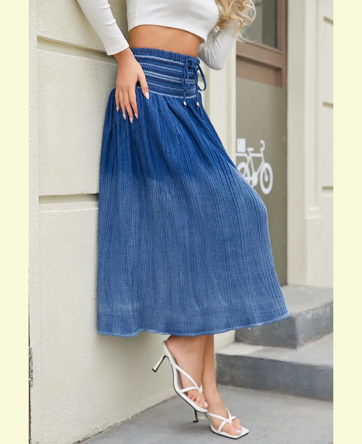 Women's Denim Boho Maxi Skirts Elastic High Waist Ruffle Tied A Line Flowy Long Jeans Skirts
