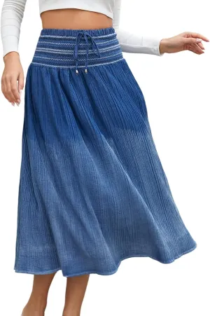 Women's Denim Boho Maxi Skirts Elastic High Waist Ruffle Tied A Line Flowy Long Jeans Skirts