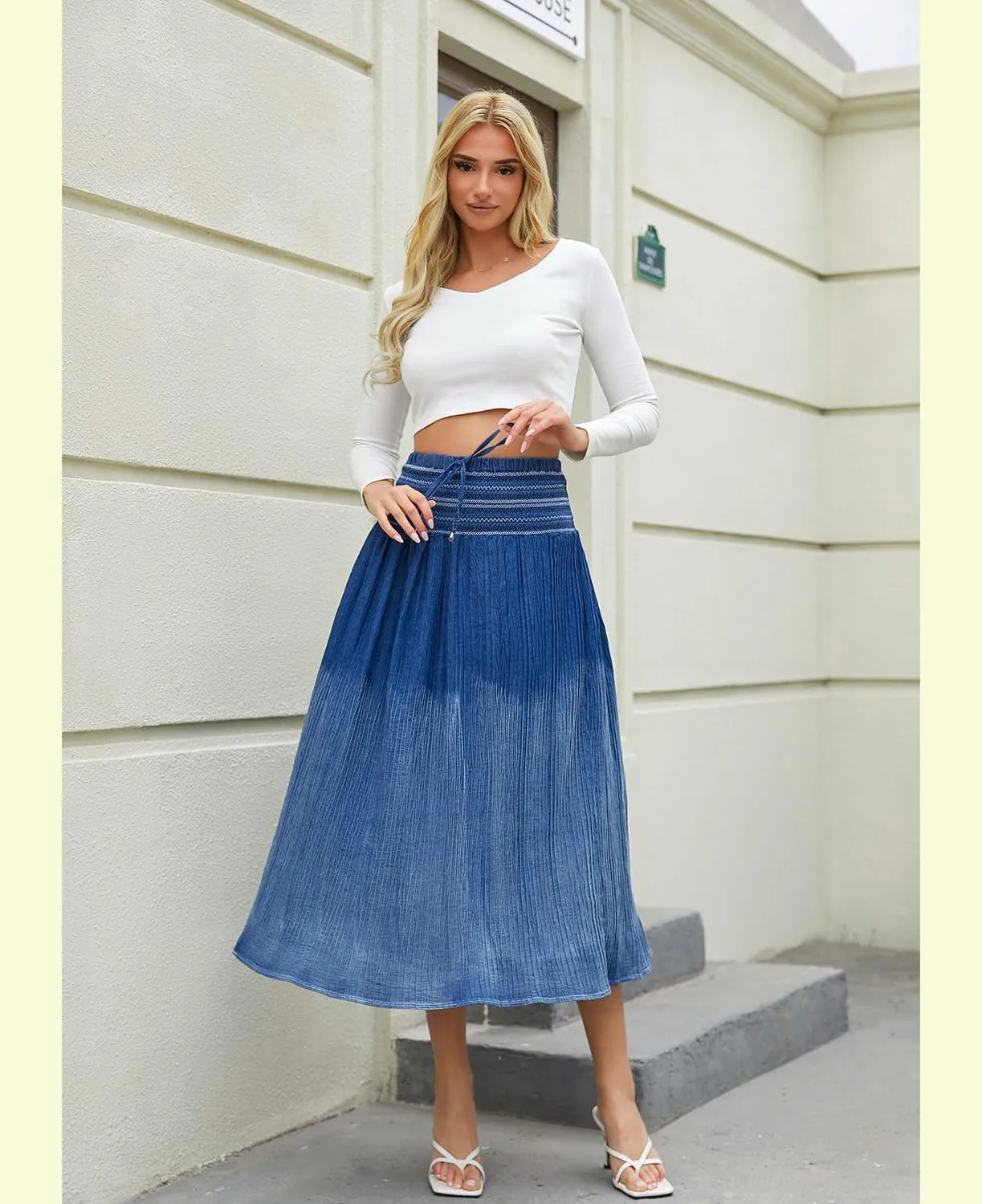 Women's Denim Boho Maxi Skirts Elastic High Waist Ruffle Tied A Line Flowy Long Jeans Skirts