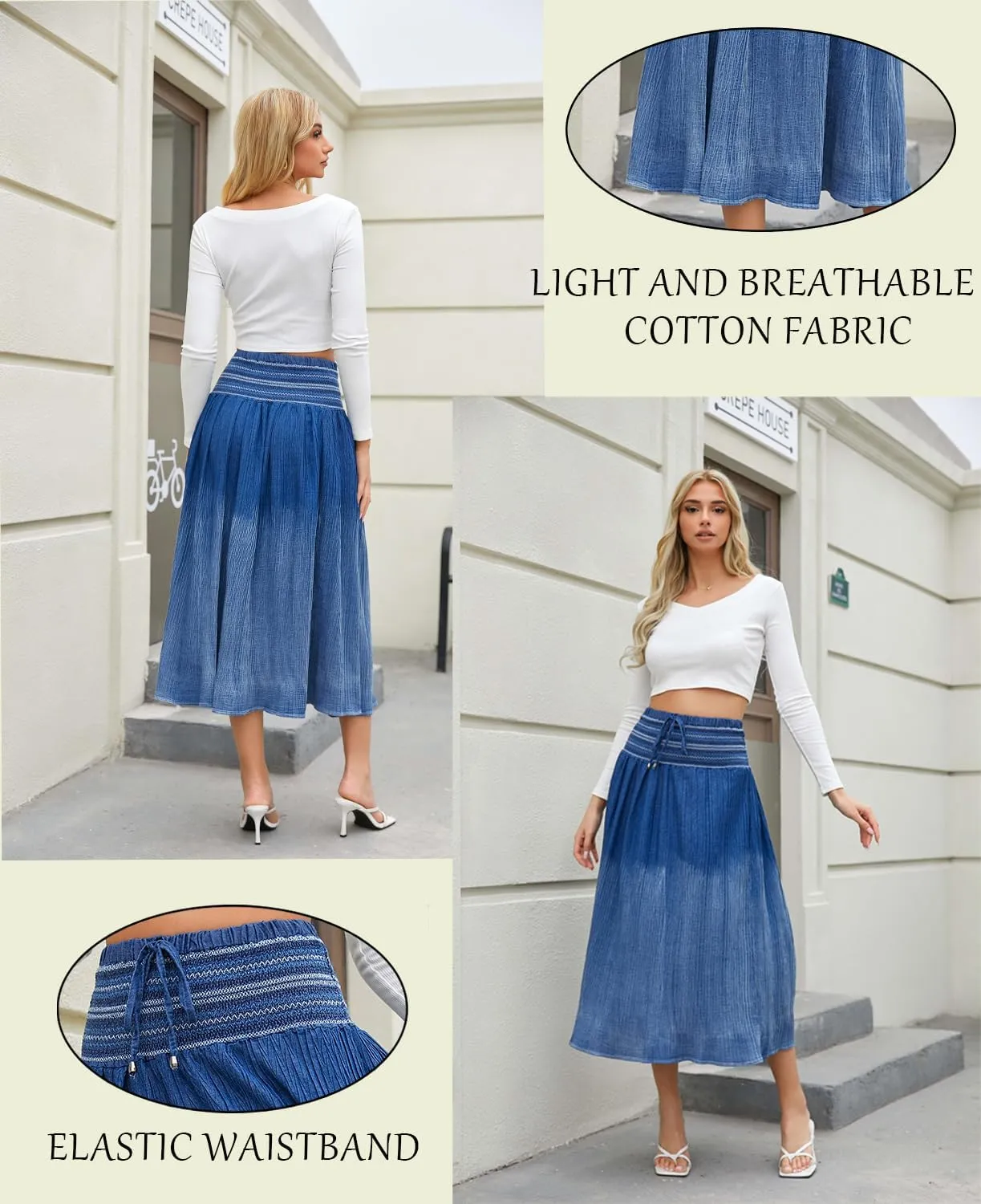 Women's Denim Boho Maxi Skirts Elastic High Waist Ruffle Tied A Line Flowy Long Jeans Skirts