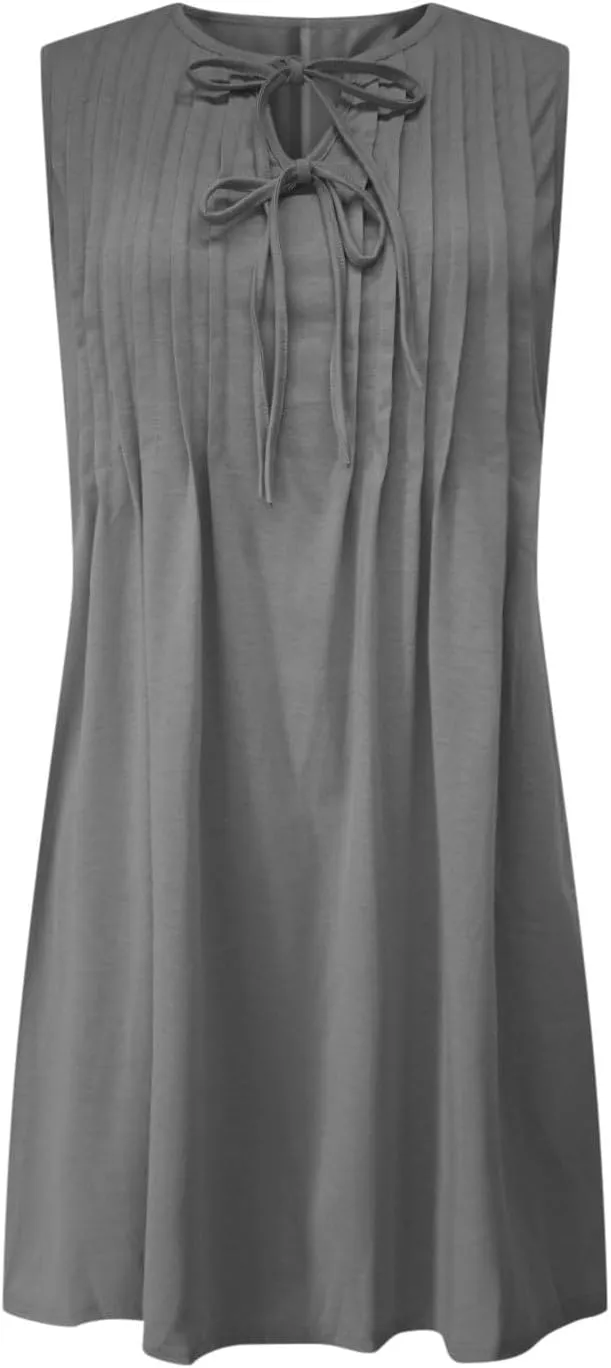 Womens Dresses Casual Summer Front Key Hole Sleeveless Tank Sundress Ruched Crewneck Beach Vacation Mini Dress
