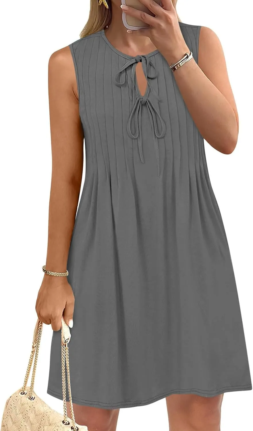 Womens Dresses Casual Summer Front Key Hole Sleeveless Tank Sundress Ruched Crewneck Beach Vacation Mini Dress