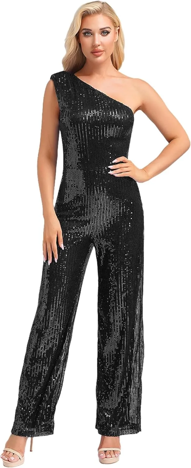 Womens Dressy Jumpsuits Sleeveless One Shoulder Sparkly Sequin Long Straight Pants Party Romper