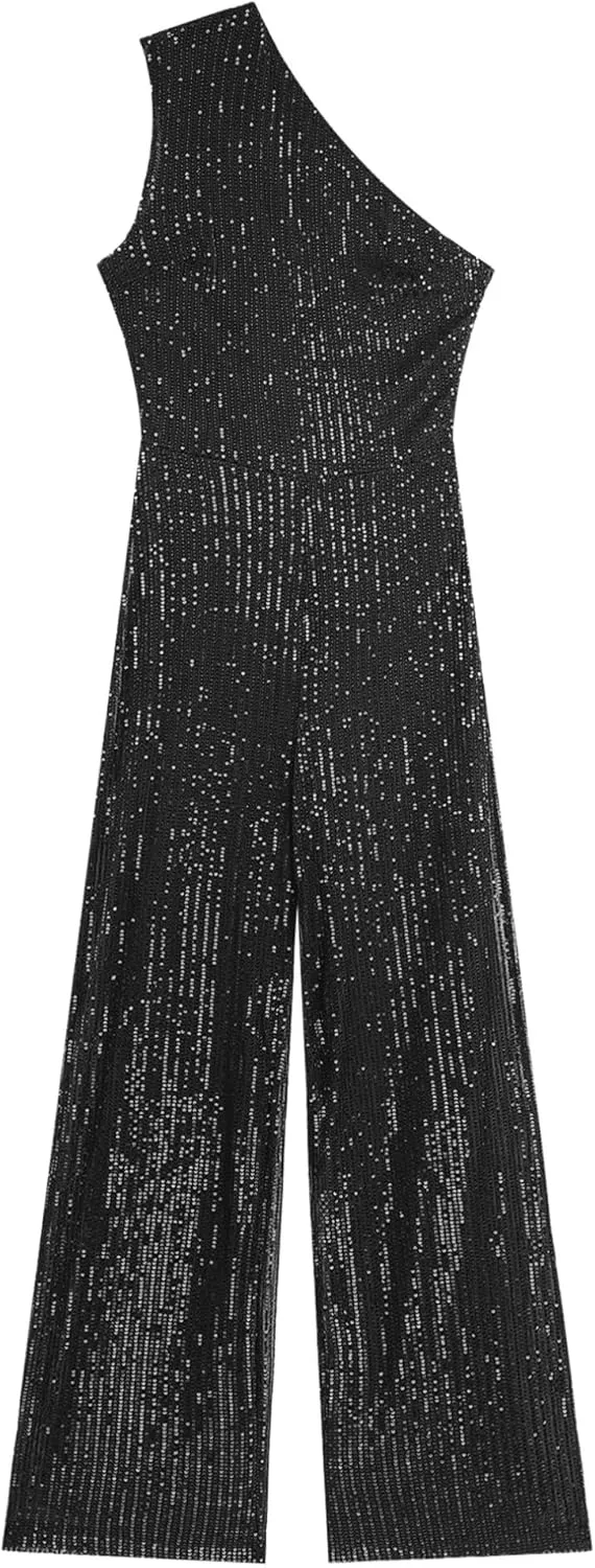 Womens Dressy Jumpsuits Sleeveless One Shoulder Sparkly Sequin Long Straight Pants Party Romper