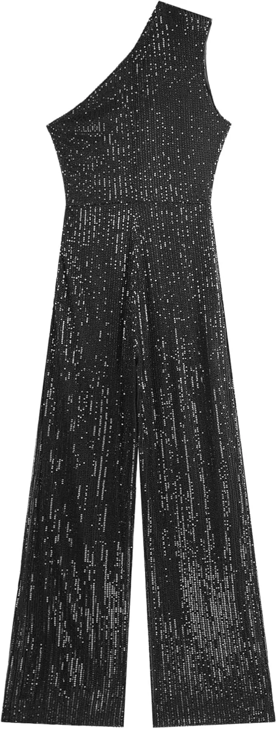 Womens Dressy Jumpsuits Sleeveless One Shoulder Sparkly Sequin Long Straight Pants Party Romper