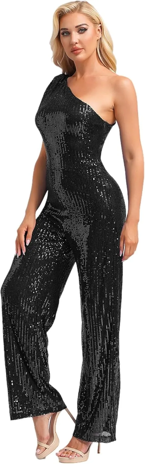 Womens Dressy Jumpsuits Sleeveless One Shoulder Sparkly Sequin Long Straight Pants Party Romper
