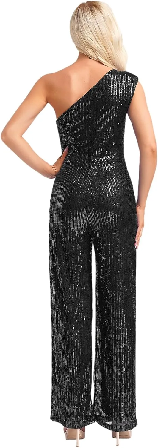 Womens Dressy Jumpsuits Sleeveless One Shoulder Sparkly Sequin Long Straight Pants Party Romper