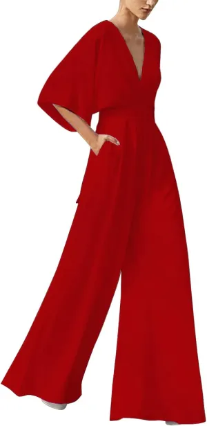 Women's Dressy Jumpsuits with Sleeves V Neck High Waisted Jumper Wide Leg Formal Elegant Plus Size Romper