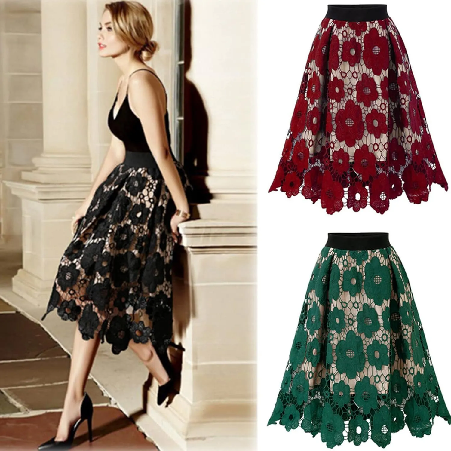 Women's Elegant Lace Skirt Ladies Vintage Knee Length Hollow-Out Floral Lace High Waisted A-Line Midi Long Skirt