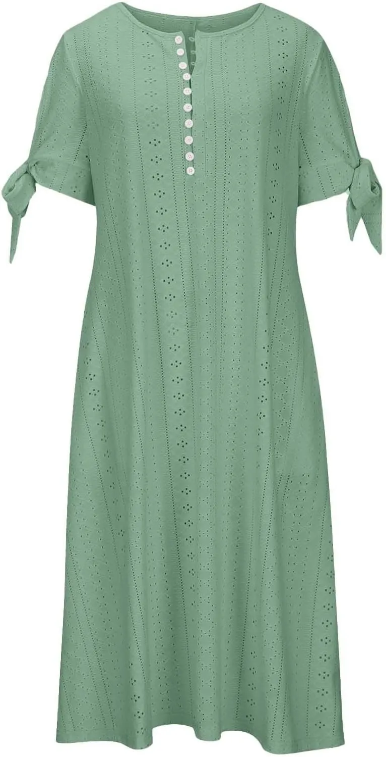 Womens Eyelet Pastel Dress Button V Neck Tie Knot Short Sleeve Flowy Dresses Boho Vacation Midi Dresses with Pockets