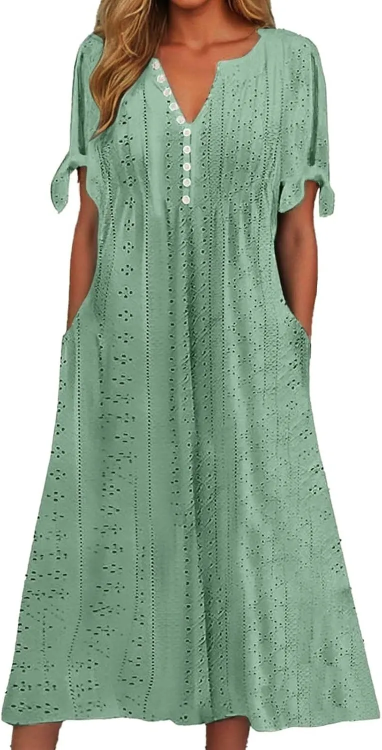 Womens Eyelet Pastel Dress Button V Neck Tie Knot Short Sleeve Flowy Dresses Boho Vacation Midi Dresses with Pockets