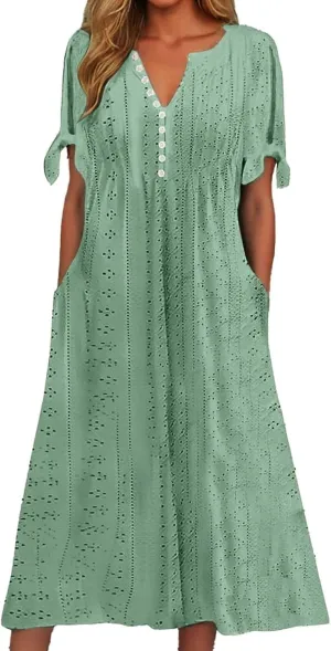 Womens Eyelet Pastel Dress Button V Neck Tie Knot Short Sleeve Flowy Dresses Boho Vacation Midi Dresses with Pockets