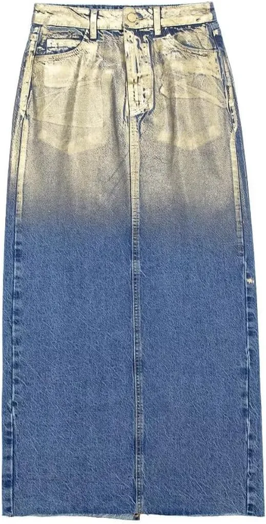 Womens Fashion High Waisted Elastic Washed Denim Midi Skirts Length A Line Long Jean Pencil Skirt