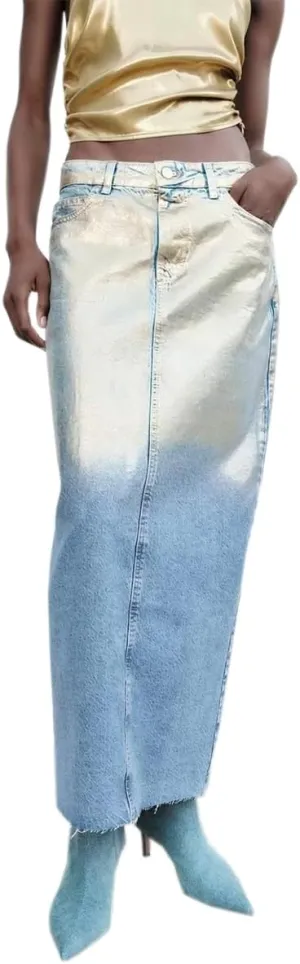 Womens Fashion High Waisted Elastic Washed Denim Midi Skirts Length A Line Long Jean Pencil Skirt