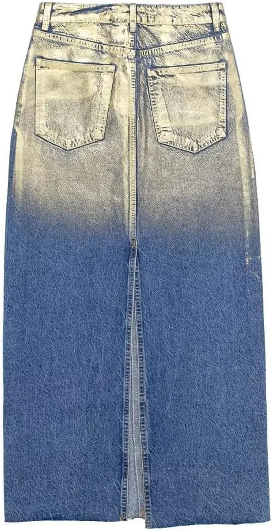 Womens Fashion High Waisted Elastic Washed Denim Midi Skirts Length A Line Long Jean Pencil Skirt