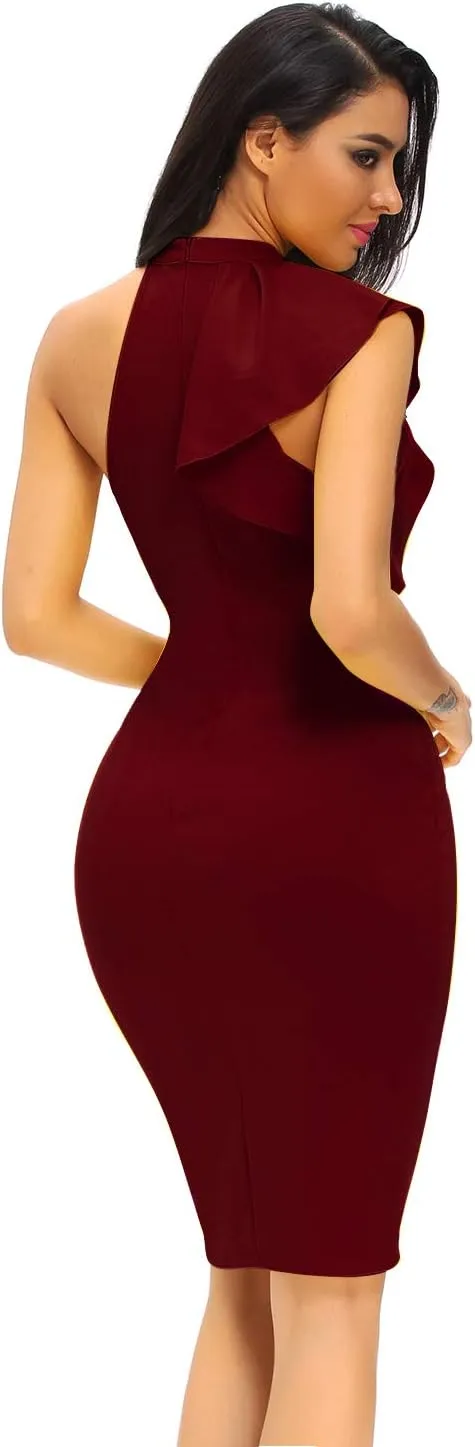 Women's Fashion Ruffle One Shoulder Sleeveless Midi Bodycon Cocktail Party Dress