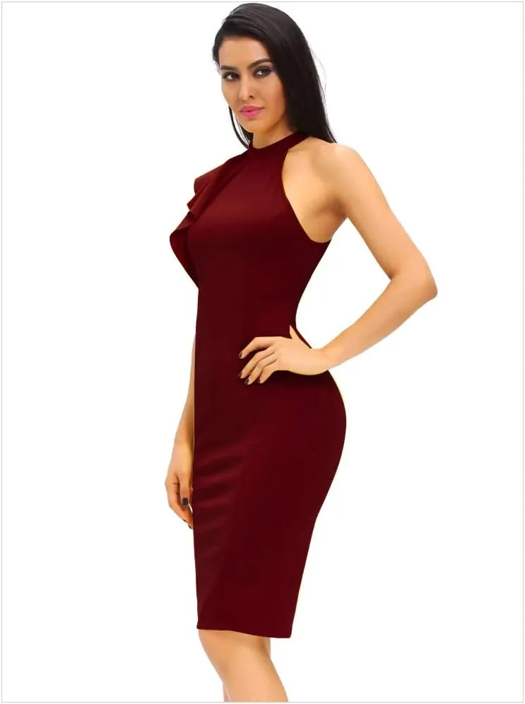 Women's Fashion Ruffle One Shoulder Sleeveless Midi Bodycon Cocktail Party Dress