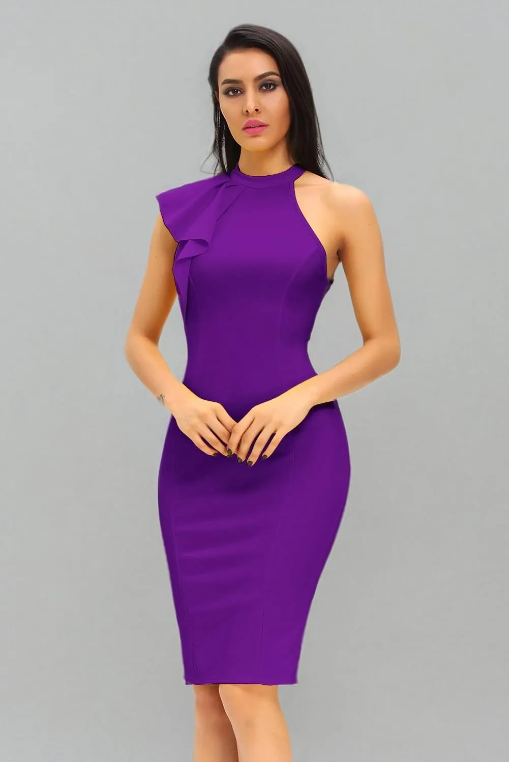 Women's Fashion Ruffle One Shoulder Sleeveless Midi Bodycon Cocktail Party Dress