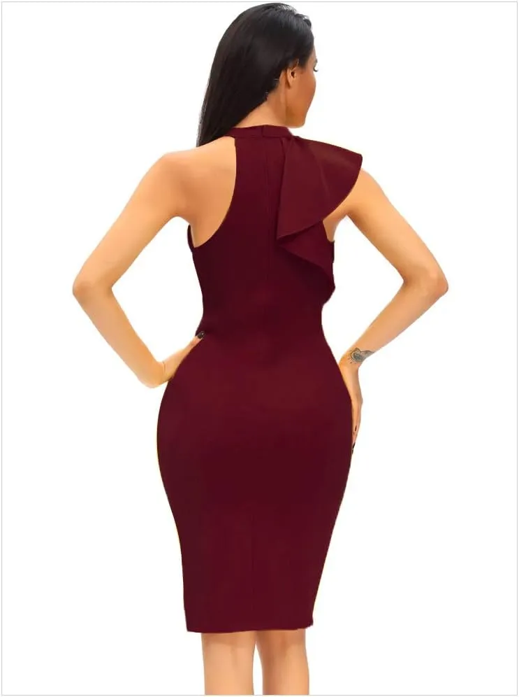 Women's Fashion Ruffle One Shoulder Sleeveless Midi Bodycon Cocktail Party Dress