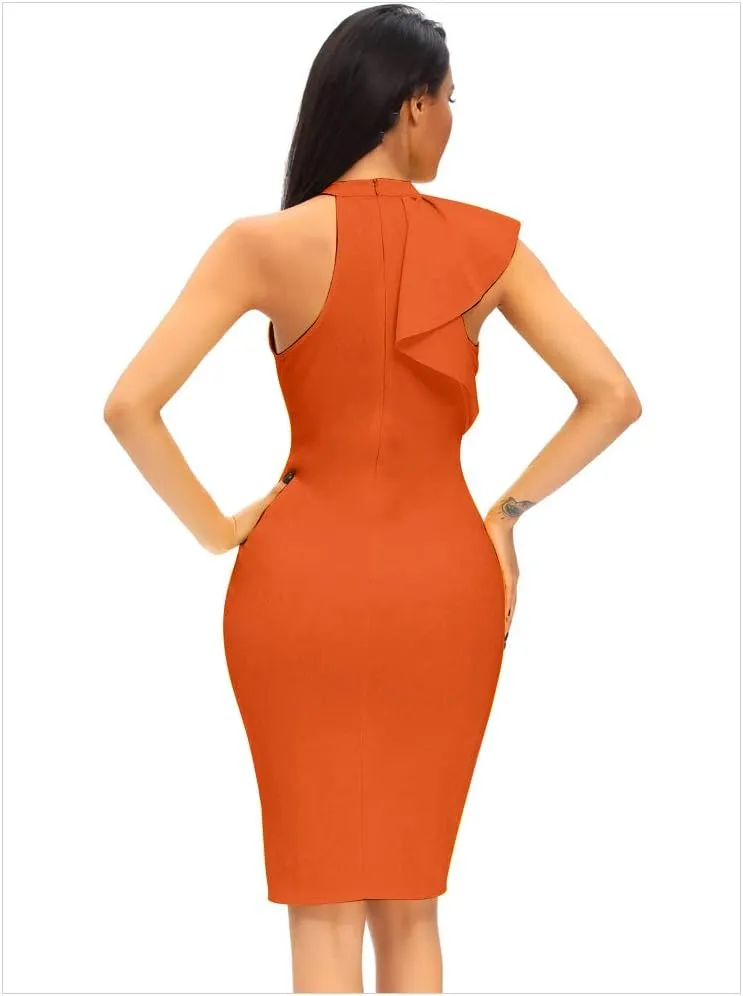 Women's Fashion Ruffle One Shoulder Sleeveless Midi Bodycon Cocktail Party Dress