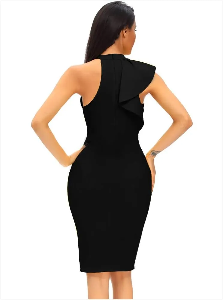 Women's Fashion Ruffle One Shoulder Sleeveless Midi Bodycon Cocktail Party Dress