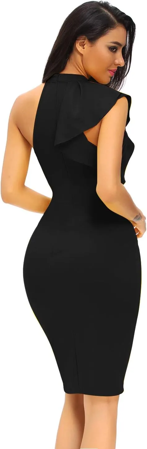 Women's Fashion Ruffle One Shoulder Sleeveless Midi Bodycon Cocktail Party Dress