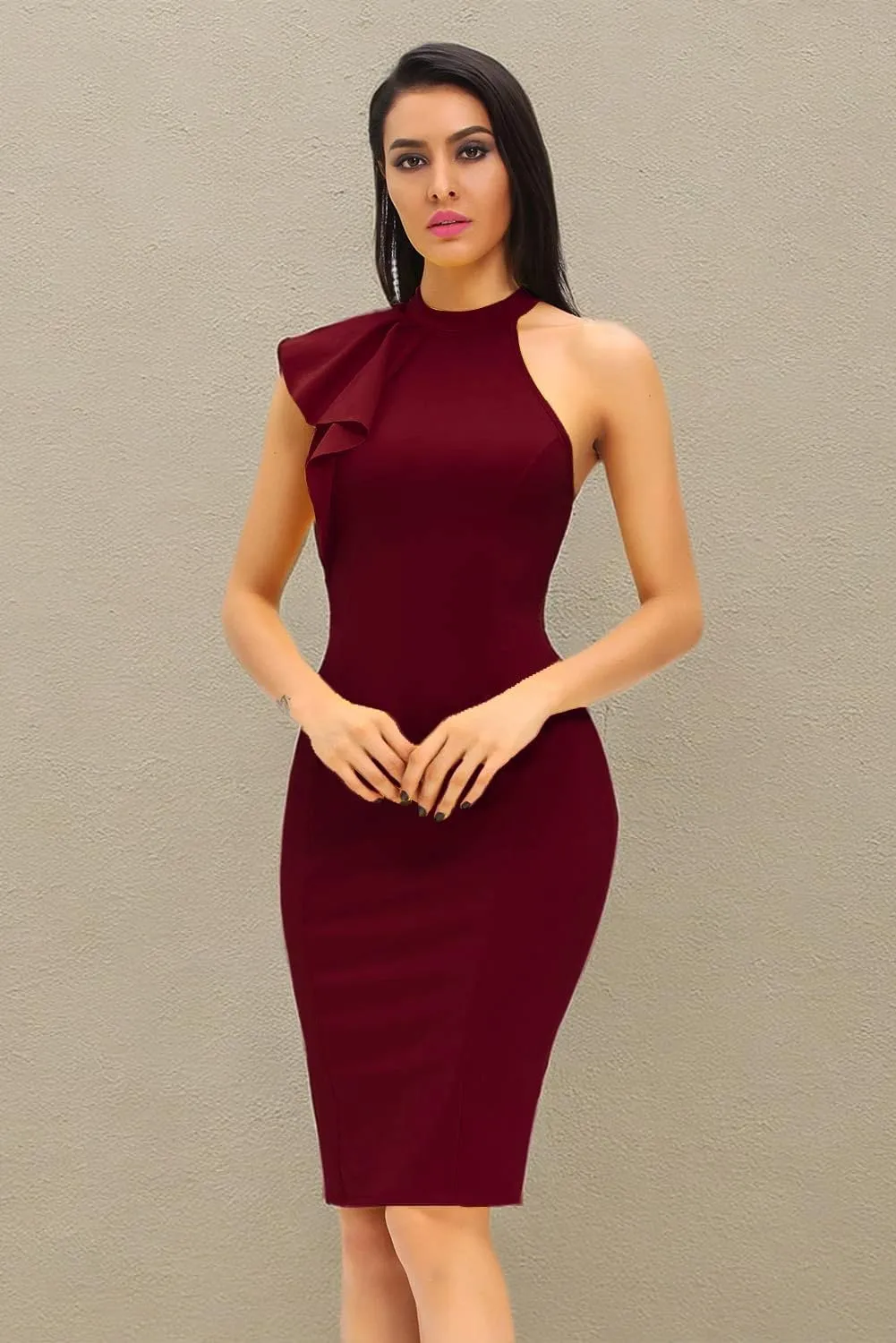 Women's Fashion Ruffle One Shoulder Sleeveless Midi Bodycon Cocktail Party Dress