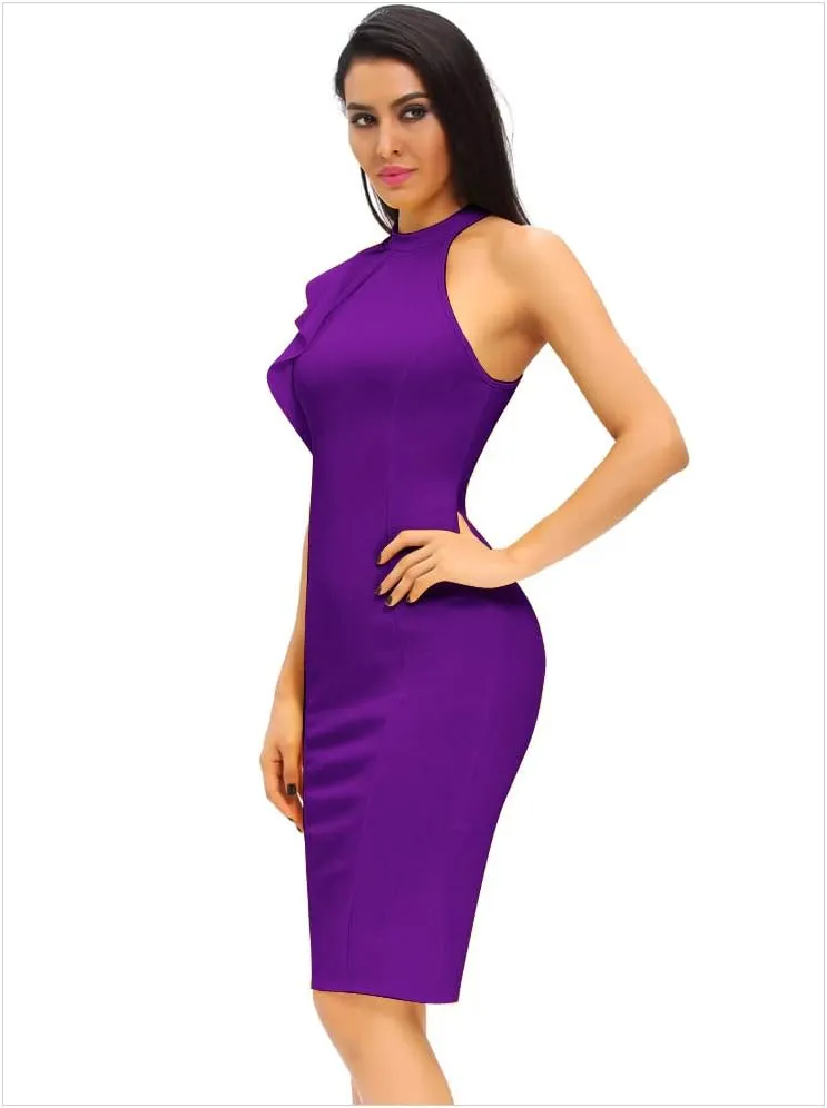 Women's Fashion Ruffle One Shoulder Sleeveless Midi Bodycon Cocktail Party Dress